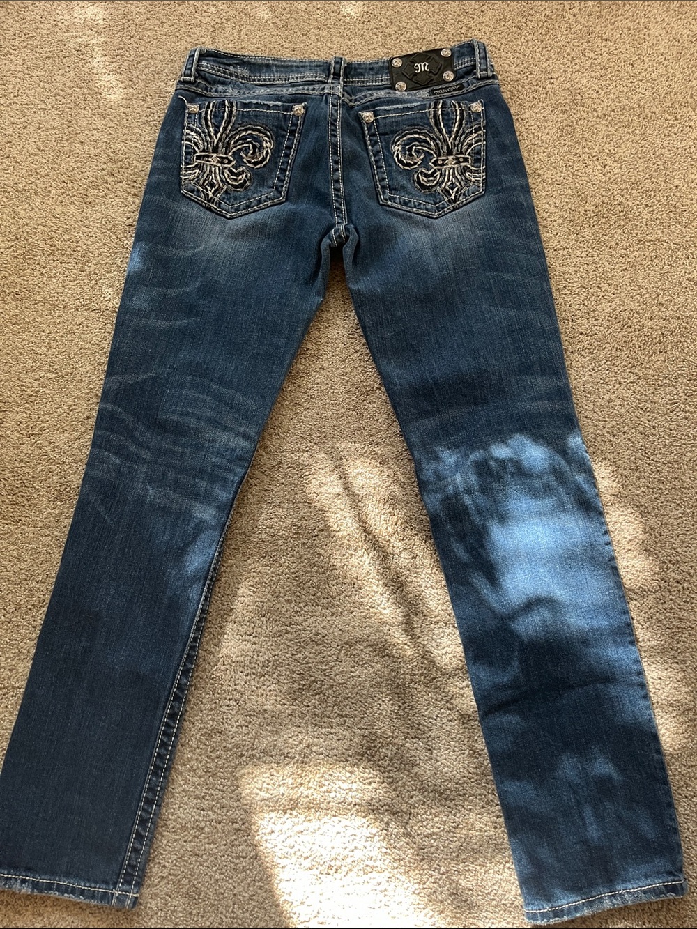 Miss Me Blue Denim Jeans with Embroidered Fleur-de-Lis Pockets